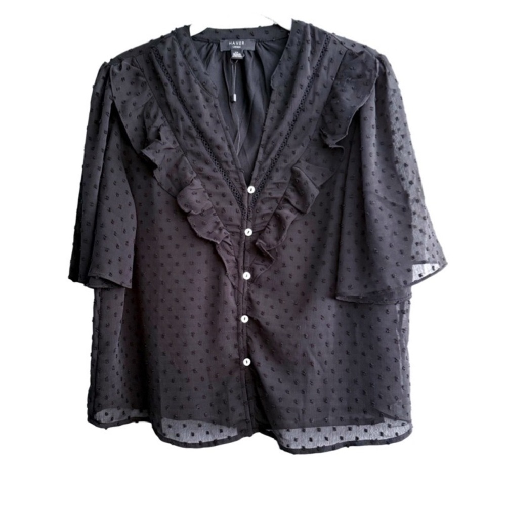 Haver Swiss Dot Short Sleeve Blouse Button Down Top Black Size S